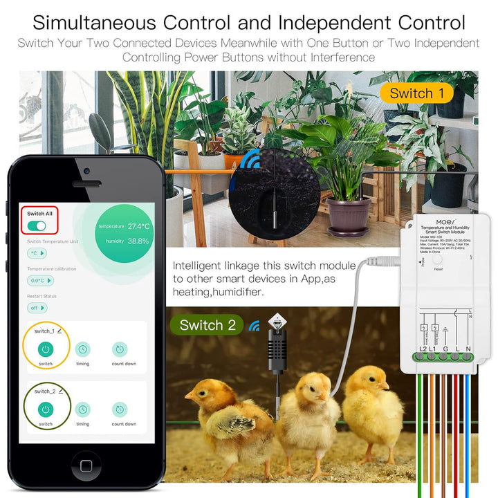 MOES WiFi Smart DIY Switch Modul mit wasserdichtem Temperatursensor, Dual Output Controller, Smart L