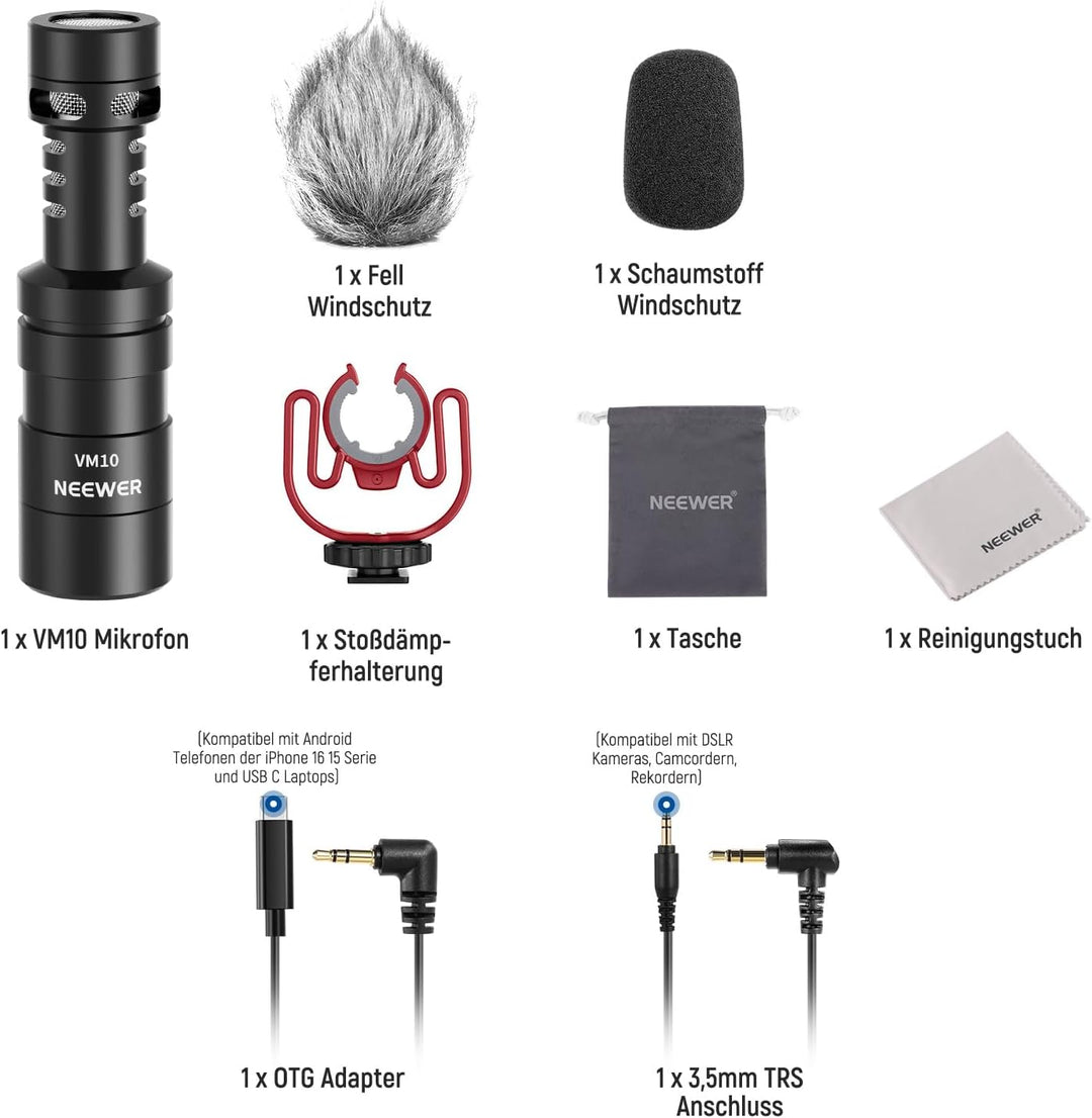NEEWER VM10 Mini Plug & Play Vlog Mikrofon mit Reinigungstuch, 3,5mm TRS, USB C, OTG, Stossdämpferha