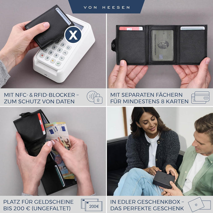 VON HEESEN Slim Wallet mit Münzfach Schwarz Schwarz MINI MÜNZFACH (Kartenslot), Schwarz MINI MÜNZFAC