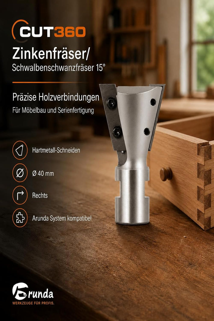 Zinkenfräser 15° mit Wendemesser für Arunda System - 15° Schneide 2, Hartmetall Ø 40 - Rechts - 31,5
