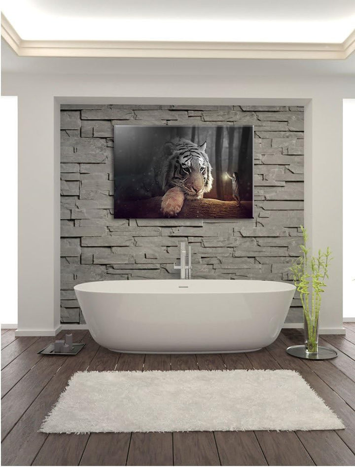 Pixxprint EIN Fantasy-Welt - eine Frau und EIN Riesen-Tiger B&W Detail, Format: 100x70 auf Leinwand,