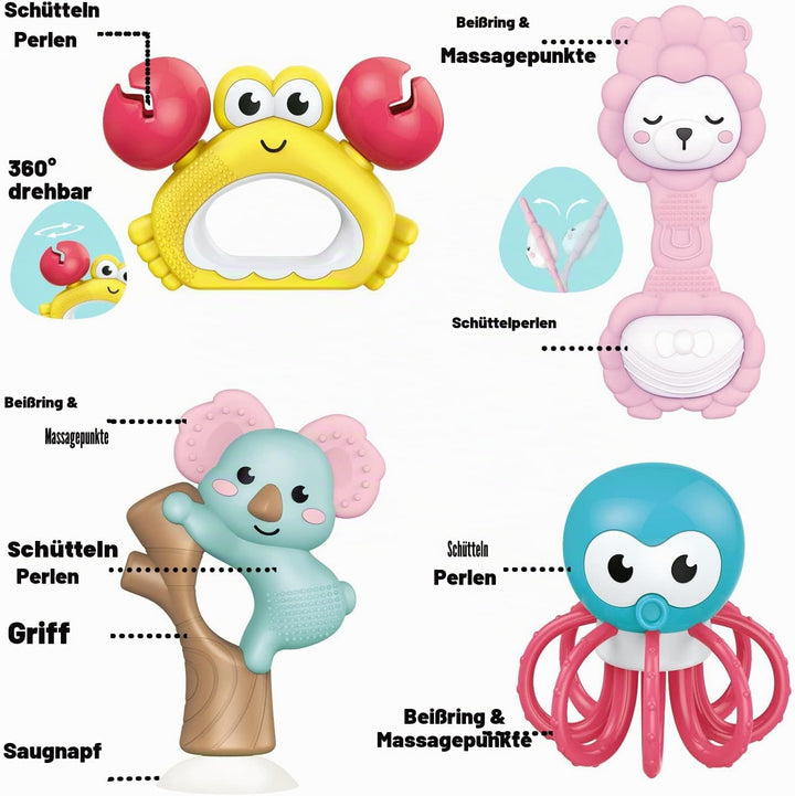fiouni Rassel-Beissring-Set Babyspielzeug Greifspielzeug Baby ab 0 3 6 9 12 Monate für Jungen Mädche