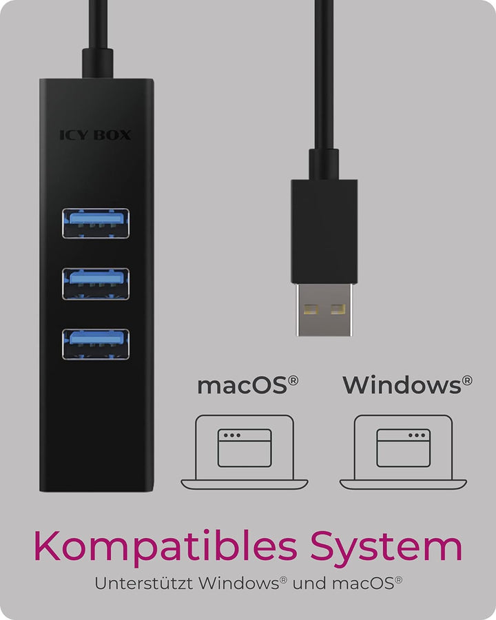 ICY BOX IB-HUB1419-LAN Aluminium USB HUB mit 3 USB 3.0 Ports und RJ45 Gigabit Ethernet Netzwerkadapt