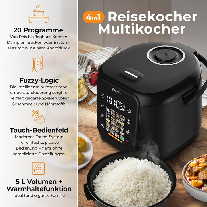 Balter Reiskocher, Multikocher mit 20 Programme, 4L Rice Cooker, Multicooker, Fuzzy-Logic, Dampfgare