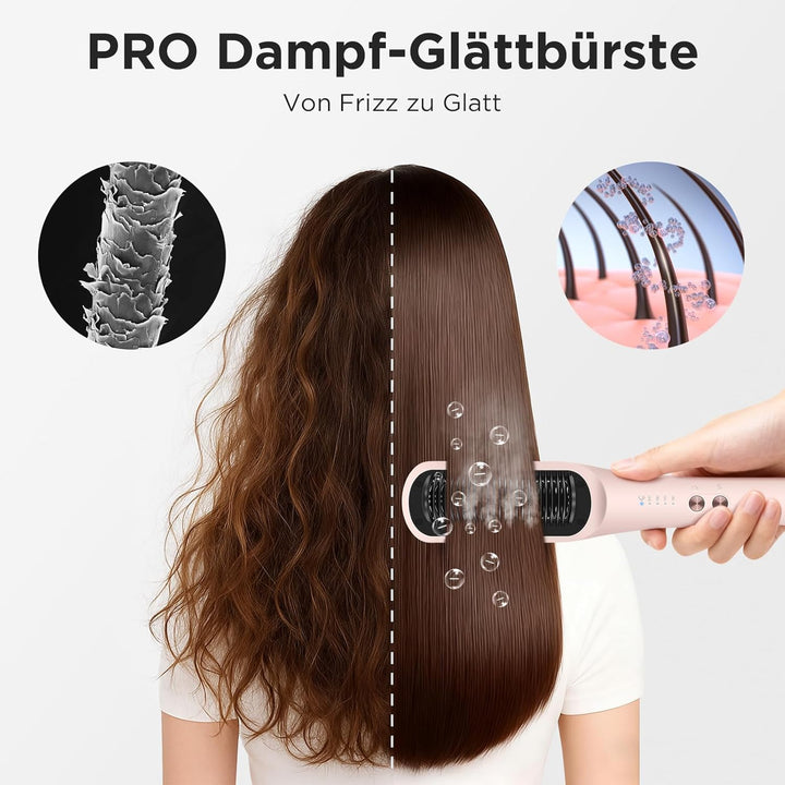 Pro Dampf Glättbürste, PARWIN PRO BEAUTY 3-in-1 Dampf Haarglätter Bürste, LED-Anzeigeleuchte, Ionent