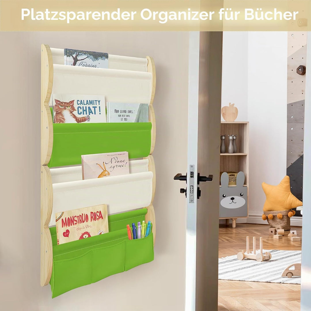 Bücherregal Kinder Wand Kinderbücherregal Montessori mit 4 Ablagen &amp; 3 Taschen Kinderregal Wandregal