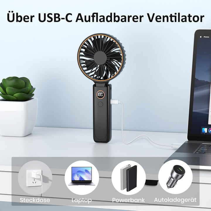 Rintea Handventilator, Tragbarer Mini Ventilator mit 6 Geschwindigkeiten, Faltbarer USB Ventilator,