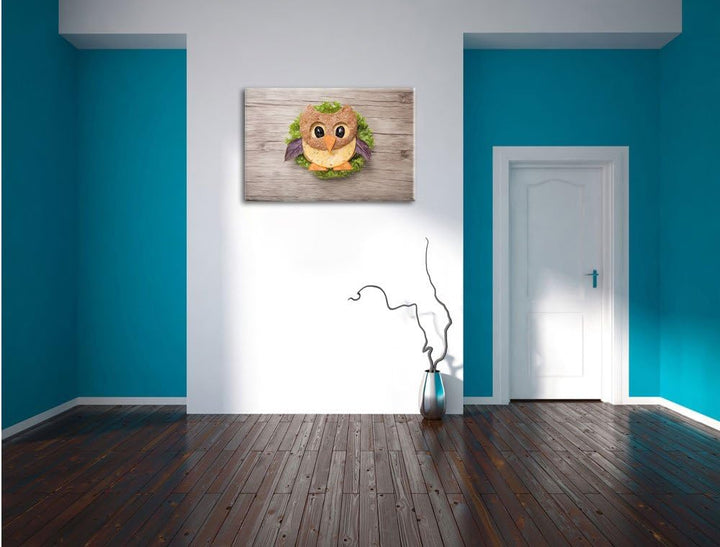 Pixxprint das lustige Eulen Sandwich Kunst Buntstift Effekt, Format: 100x70 auf Leinwand, 100x70