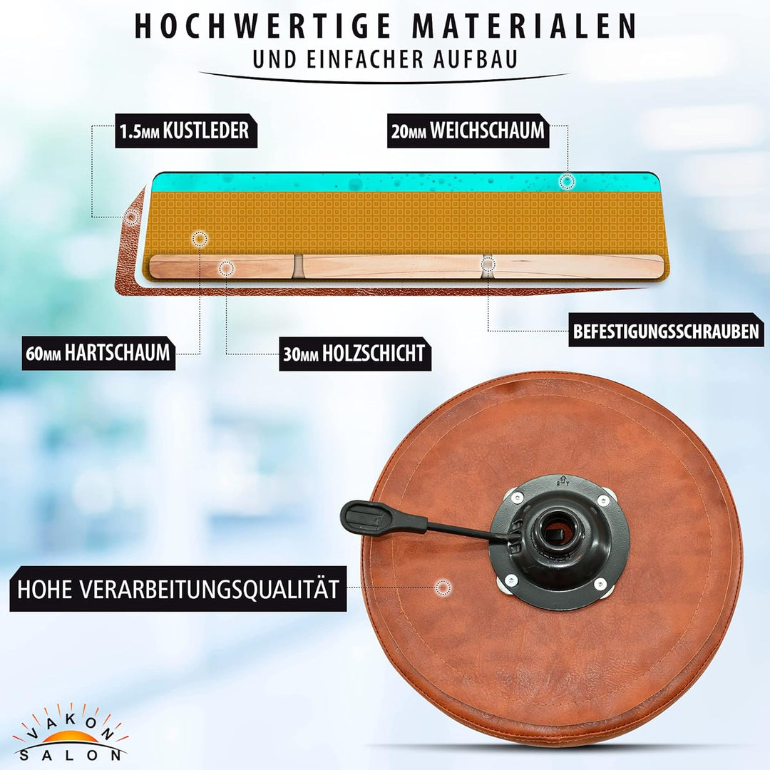 Premium Rollhocker Hellbraun höhenverstellbar von 55 bis 75 cm - Rundsitz- Drehhocker Arbeitshocker