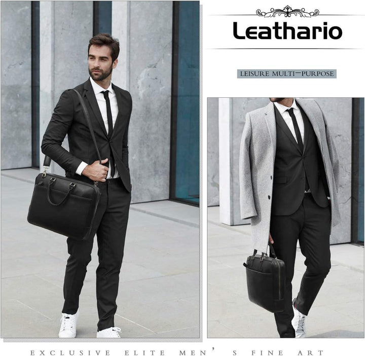 Leathario Herren-Aktentasche aus Leder Schwarz, Schwarz