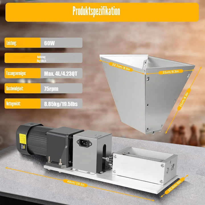 Elektrische Getreidemühle, Edelstahl Haferquetsche, 60W Grain Crusher Getreid Walzenmühle, 4L Verste