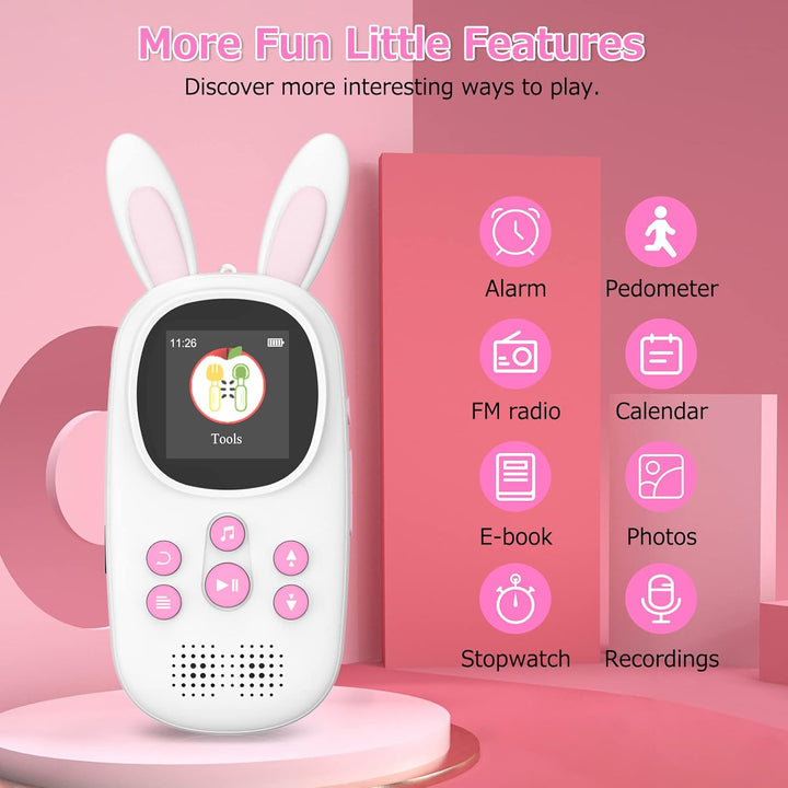 16GB Bluetooth MP3 Player , Niedlicher Hase Kinder Musik Player mit Kopfhörer &amp; Lautsprecher, mit FM