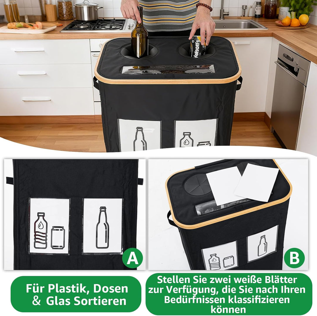 GARPROVM 160L Pfandflaschen Sammelbehälter, 2 Fächer Flaschensammler mit Doppel Silikonloch Sichtfen