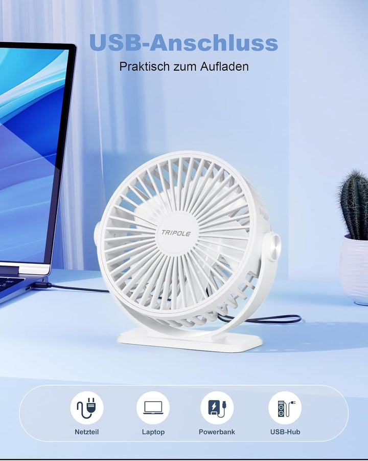 TriPole Ventilator Leiser, Mini Ventilator mit 3 Gang, USB Tischventilator Leistungsstarker Tragbare