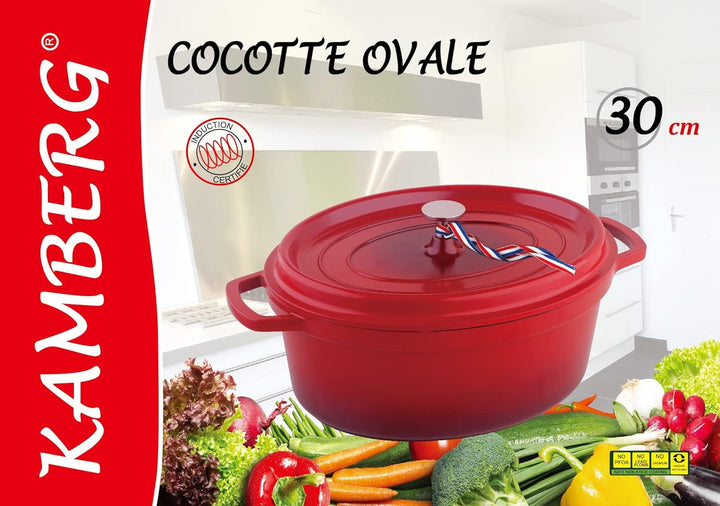 Kamberg – 0008191 – Schmortopf 30 cm Durchmesser, oval, rot geflammt – Aluminiumguss – Beschichtung