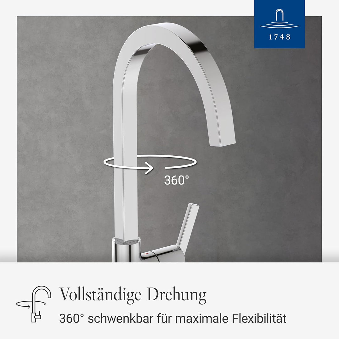 Villeroy & Boch Variaro Küchenarmatur, Niederdruck Armatur Küche, 306 mm Auslaufhöhe, 360° schwenkba