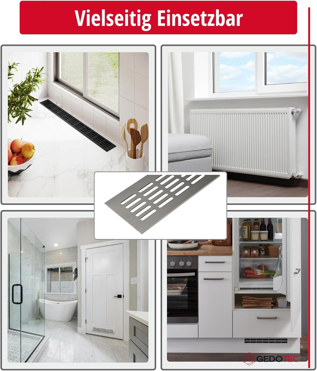 Gedotec Lüftungsgitter eckig aus Aluminium | 1 Stück Abluft-Gitter Edelstahl-Finish 600 x 60 mm | Tü