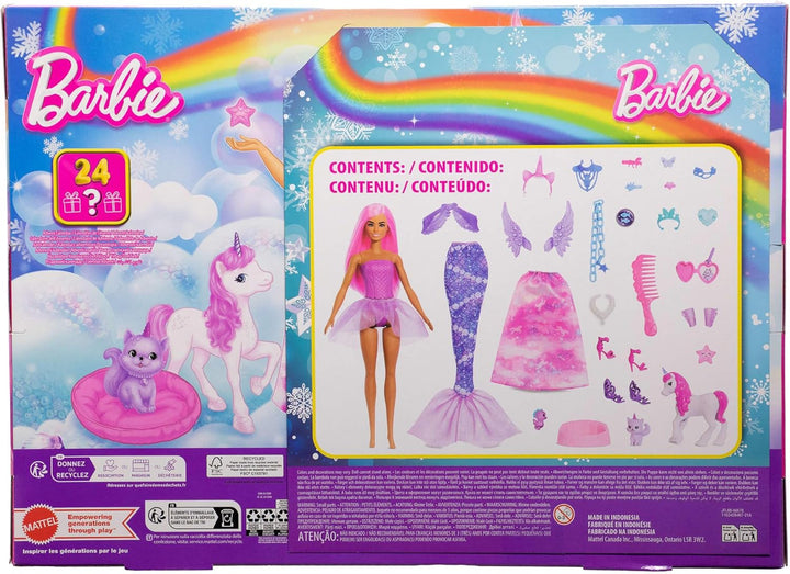 Barbie-Adventskalender mit Puppe und 24 Überraschungs-Accessoires mit Einhorn und Tieren, die Modepu