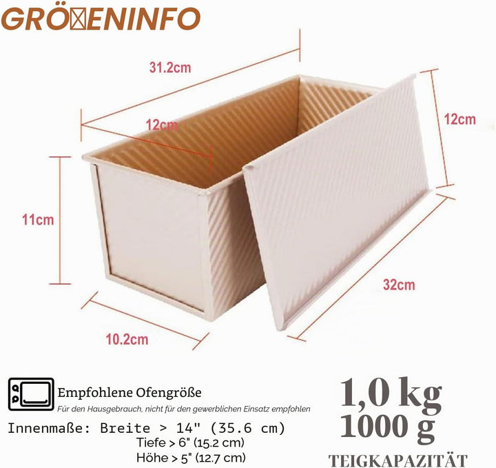Axim Grosse Kastenform mit Deckel, Antihaft-Toastkasten, Kastenform mit Schiebeabdeckung, Pullman-Br