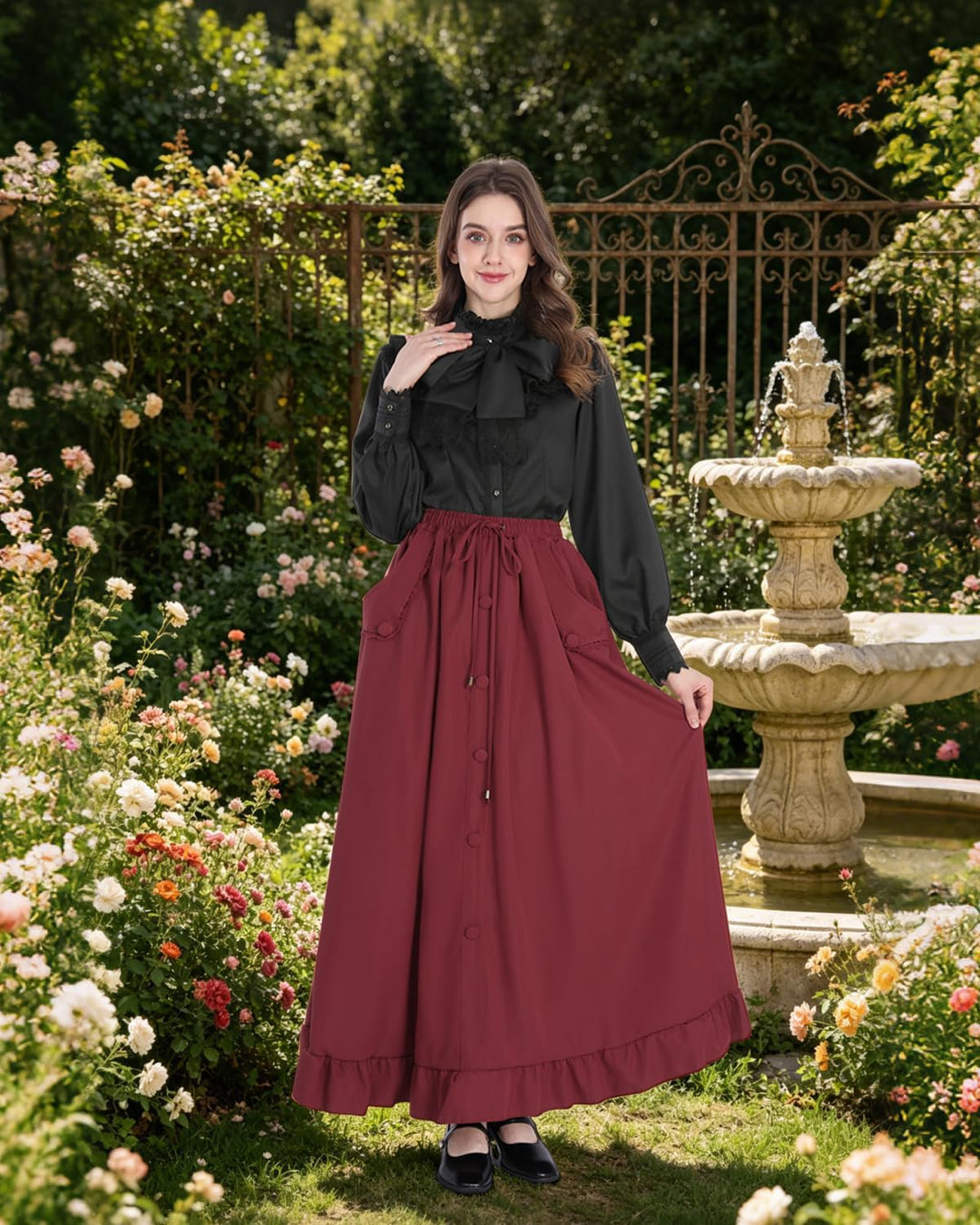 Fiamll Damen Viktorianisch Bluse Vintage Schleifenhemd Stehkragen mit Rüschen Langarmshirt Mittelalt