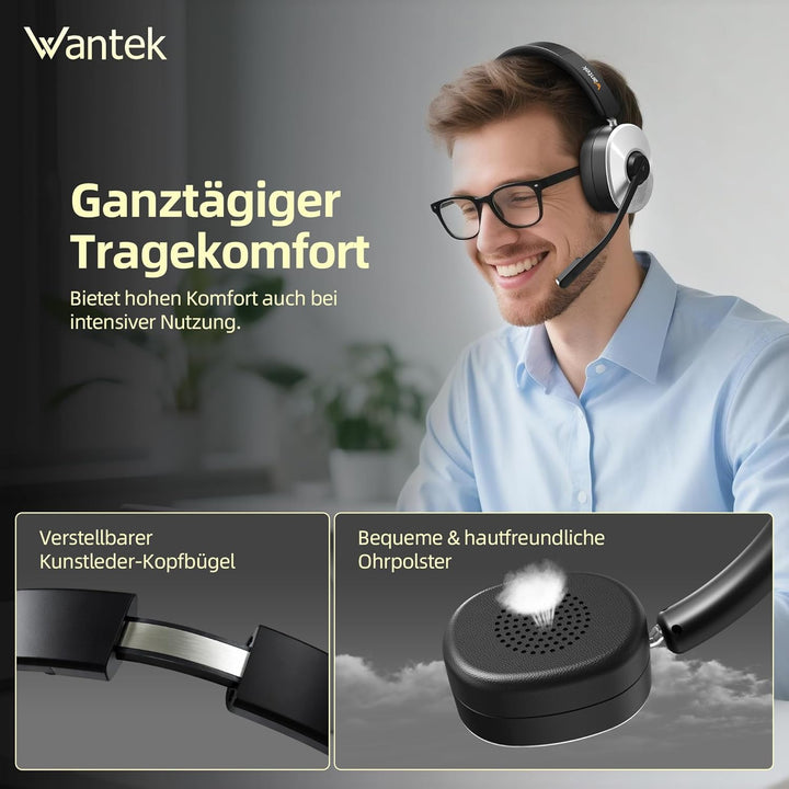 Wantek Kabelloses Headset mit Mikrofon, Bluetooth Headset mit Ladestation, Wireless Kabelloses Headp