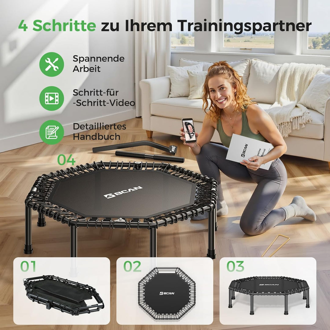 BCAN Fitness Trampolin Indoor Ø 122/133 cm, Trampolin Erwachsene bis 250 kg, Bodentrampolin mit vers