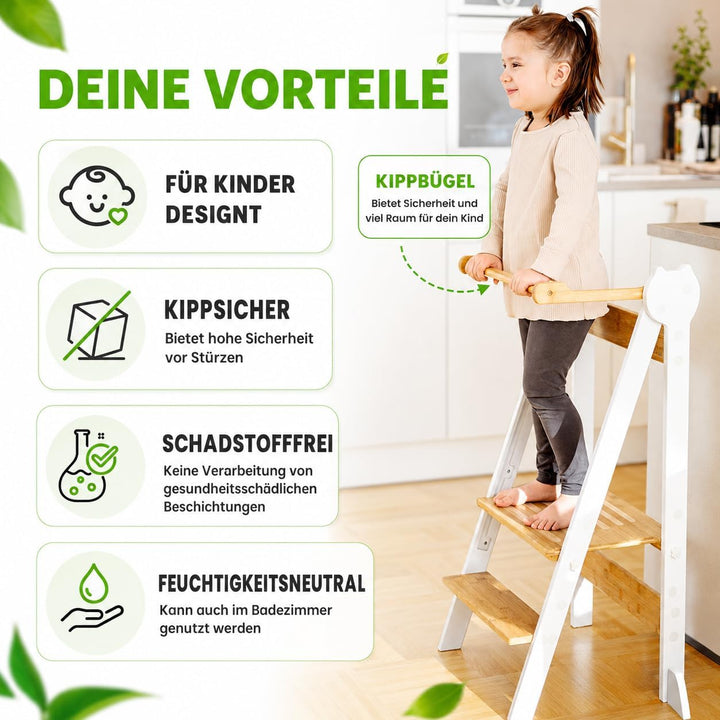 Lernturm Montessori Platzsparend und höhenverstellbar aus Bambus mit Kippschutz für Kinder ab 1 Jahr