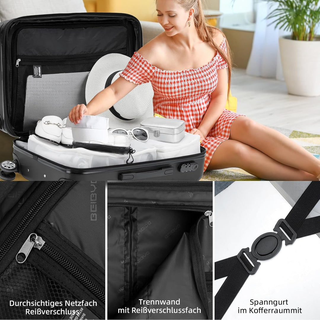 BEIBYE Zwillingsrollen 2066 Hartschale Trolley Koffer Reisekoffer Handgepäck Boardcase M (Schwarz),