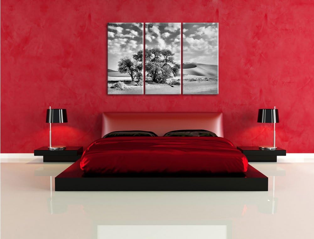 Pixxprint Monocrome, kleine Bäume in Wüstenlandschaft 3-Teiler Leinwandbild 120x80 Bild auf Leinwand