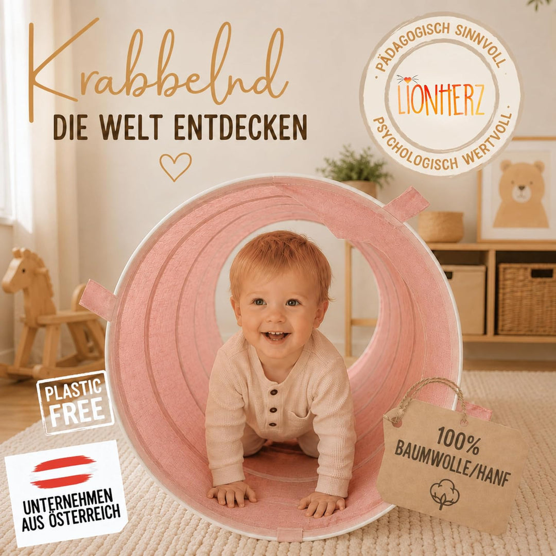 Spieltunnel für Kinder aus Baumwolle/Hanf mit Klettverschlüssen [180cm x 46cm] Krabbeltunnel für Bab