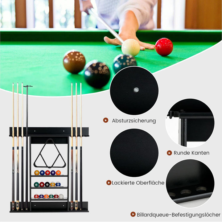 COSTWAY Billard Queue Halter Wandmontage, Wandqueuehalter für 8 Queues, 15 Billardkugeln und 1 Balls