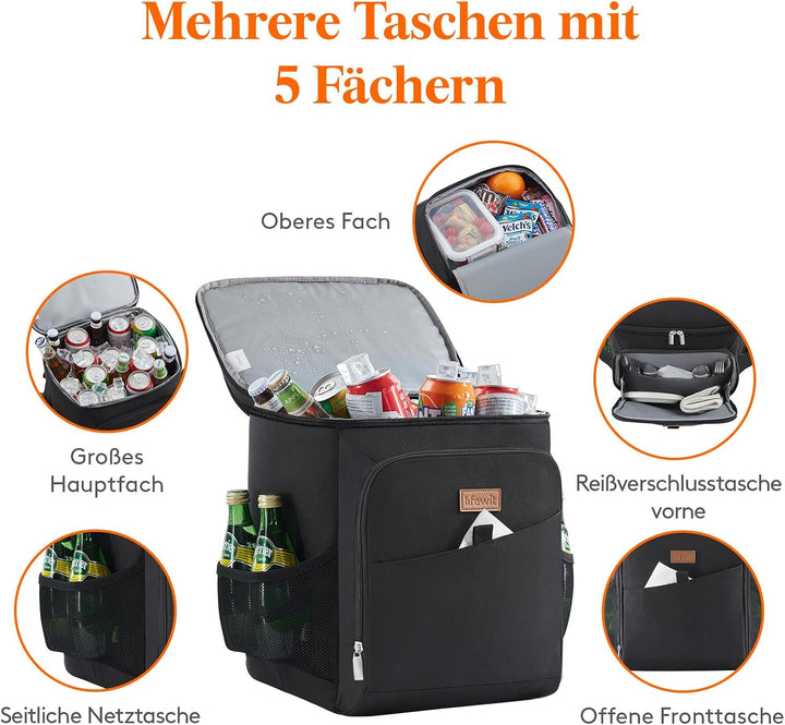 Lifewit 26L, 34 Dosen, isolierte Kühltasche, Grosse kühlrucksack, auslaufsichere tragbare Lunchtasch