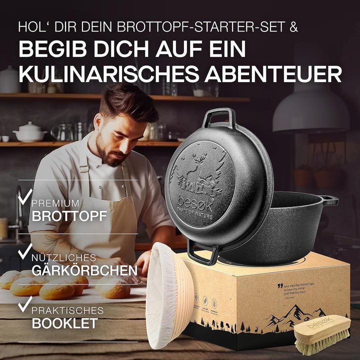 besok Gusseisen Topf Brot Backen [inkl. Gärkorb] - 26cm Brotbackform mit Deckel - Induktion - Brotto