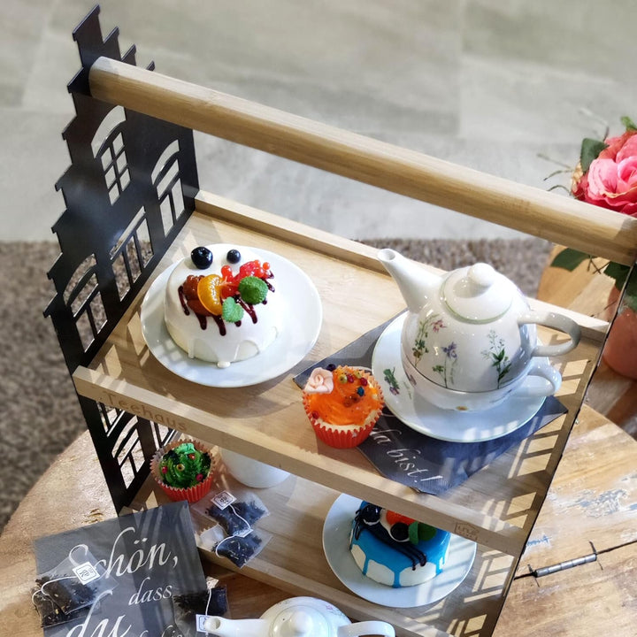 UNUS HOME Etagere Teehaus, 2 Etagen mit Griff, für Tee und Kaffee, Tablett aus Bambus Holz, Gestell