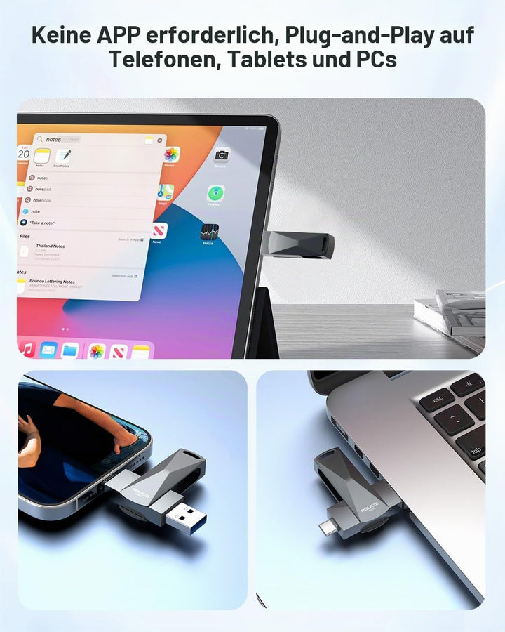 ABLAZE 256 GB USB C Stick, Dual USB 3.0 + Typ C, kompatibel mit iPhone 16/15, Android-Smartphones, C