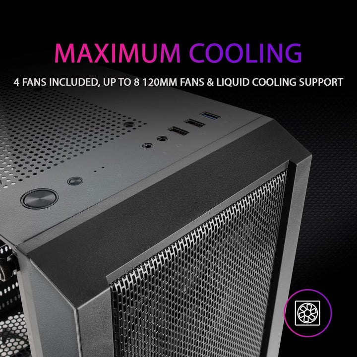 Mars Gaming MC-Master, ATX PC Gehäuse, Metall-Mesh Frontplatte, Gehärtetes Glas, 4 Ultraleise 120mm