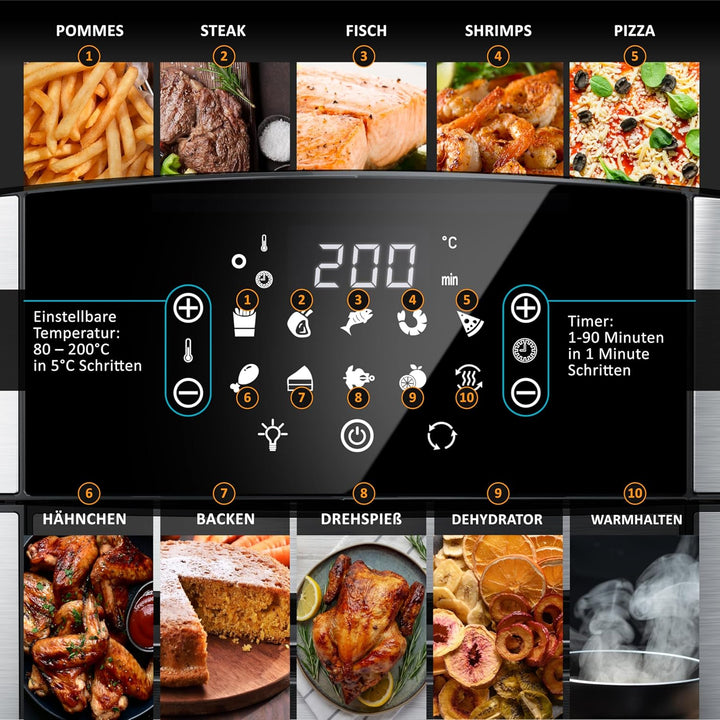 Arendo - XXL Heissluftfritteuse 16 Liter - Grill - Dörrautomat - Backofen - Air Fryer - Touchscreen