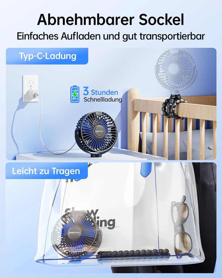 SWEETFULL mini ventilator kinderwagen ventilator leise Handventilator 6000mAh akku Tischventilator u