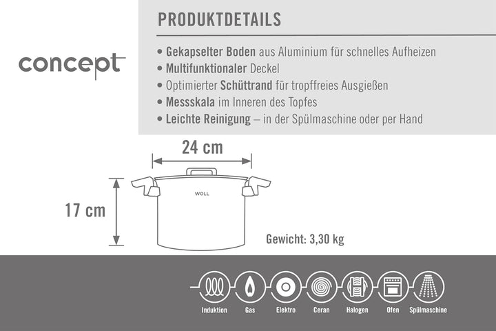 Woll 124-2NC Concept hoher Kochtopf mit Deckel-Induktiv, Ø 24 cm, 17 cm hoch, 7,6l-Geeignet für alle