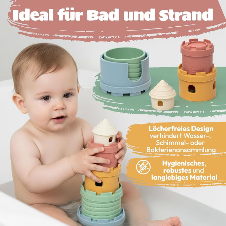 Stapelbecher Baby Silikon Montessori Spielzeug 3 in 1 – Stapelturm, Beissring &amp; Badespielzeug | Sens