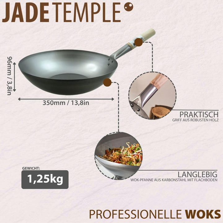 JADE TEMPLE Wok aus Carbonstahl, mit flachem Boden und 35 cm Durchmesser, mit rundem Holzgriff Durch