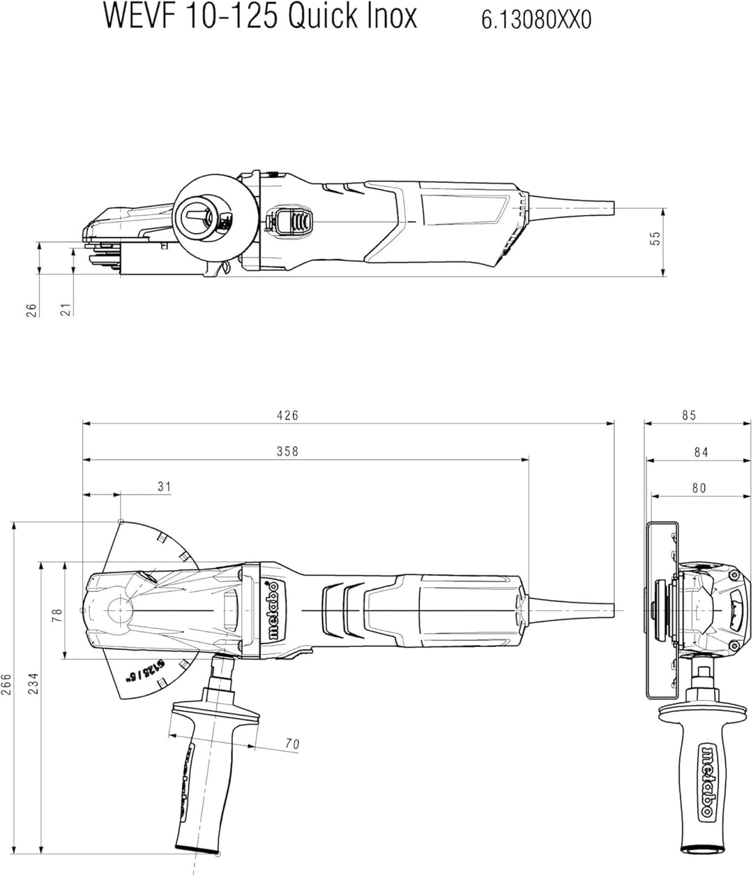 Metabo Flachkopf-Winkelschleifer WEVF 10-125 Quick Inox (613080000) Karton, 1000 Watt, Scheiben-Ø: 1