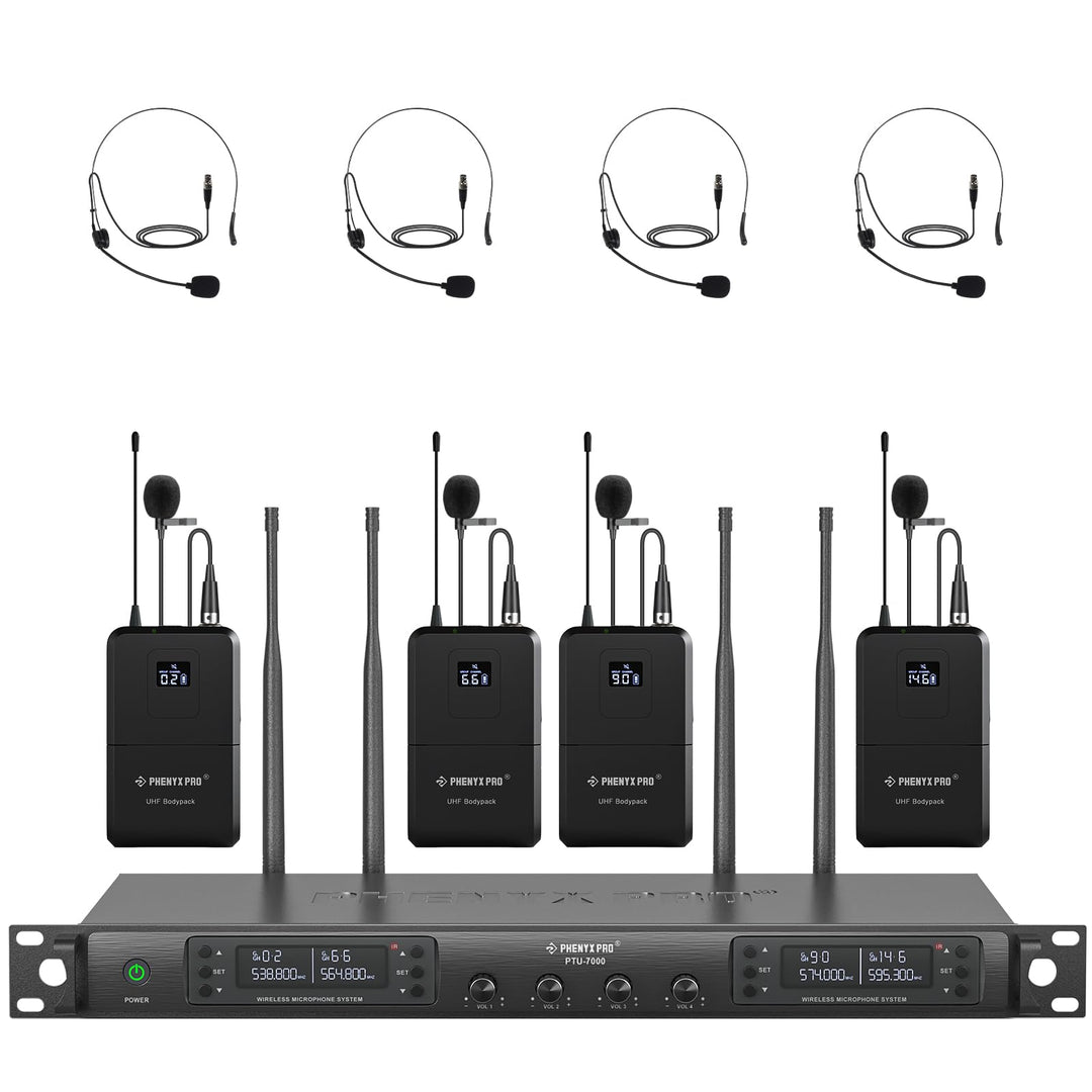 Phenyx Pro 4-Kanal-Drahtlos-Mikrofon-System, UHF Auto Scan Cordless Mic Set, 4 Bodypacks mit Headset