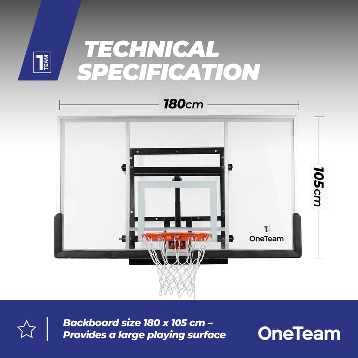 OneTeam Basketball Backboard Grösse 180 x 105 cm Farbe Schwarz Höhenverstellbares Backboard mit Nylo