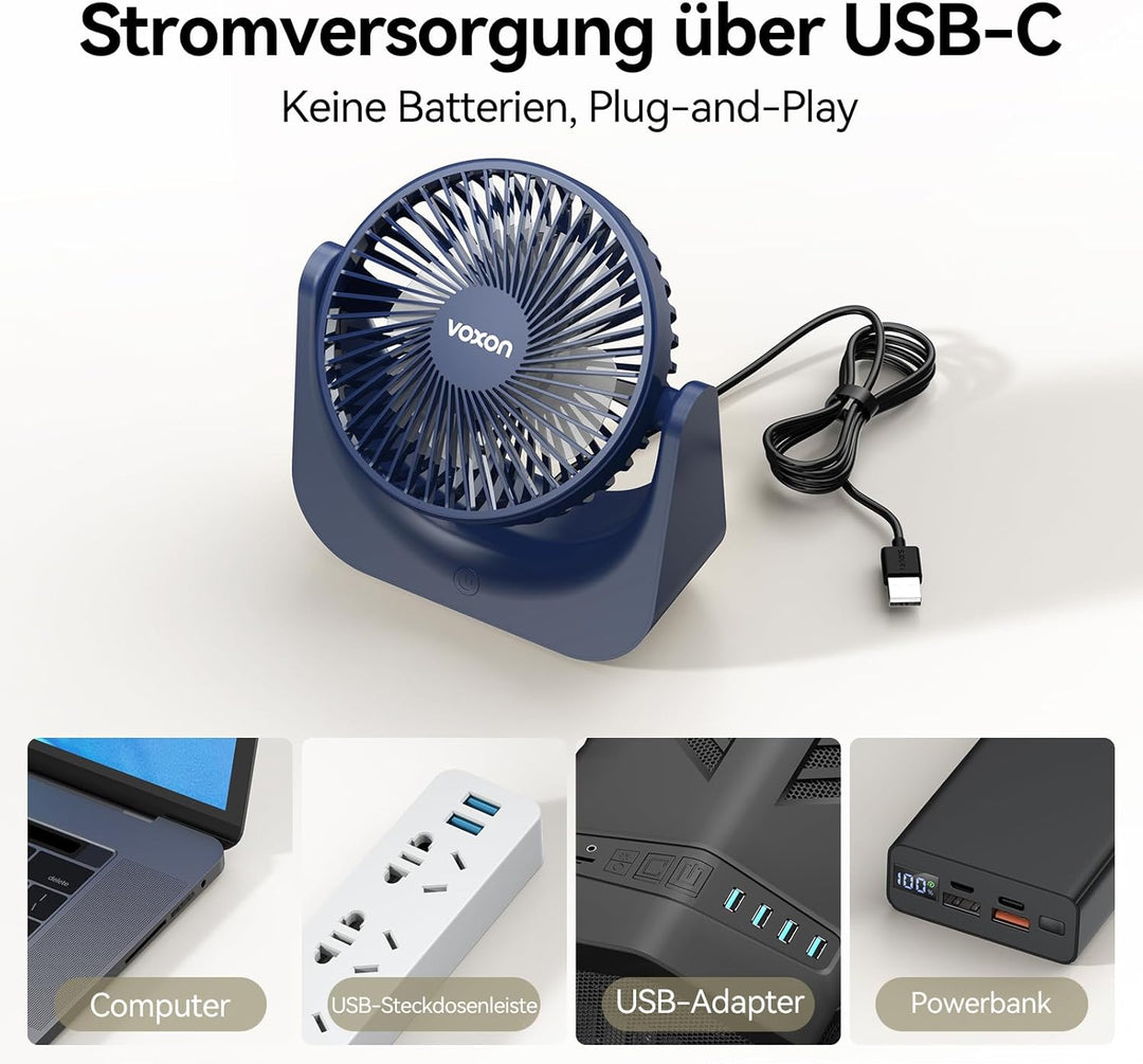 VOXON USB Tischventilator, Mini Ventilator mit 5 Geschwindigkeiten, Ventilator Leise, Usb Fan Klein