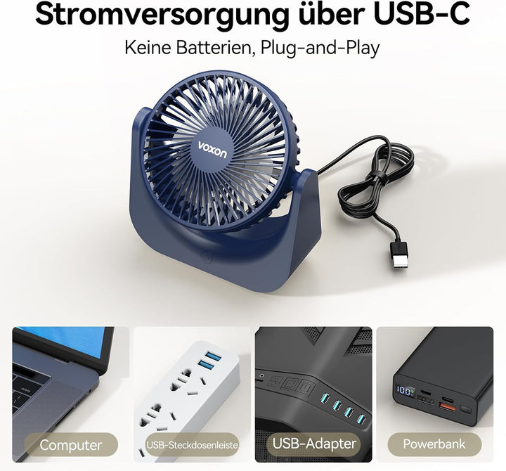 VOXON USB Tischventilator, Mini Ventilator mit 5 Geschwindigkeiten, Ventilator Leise, Usb Fan Klein
