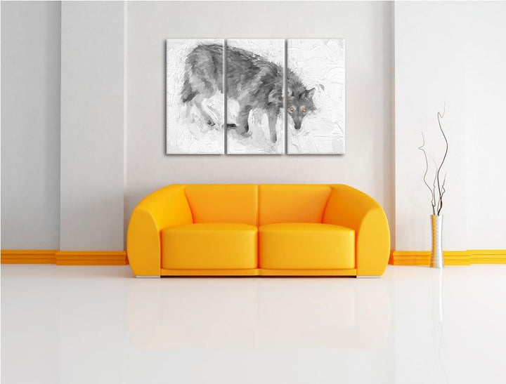 seltener Wolf im Schnee schwarz/weiss Deluxe 3-Teiler Leinwandbild 120x80 Bild auf Leinwand, XXL rie