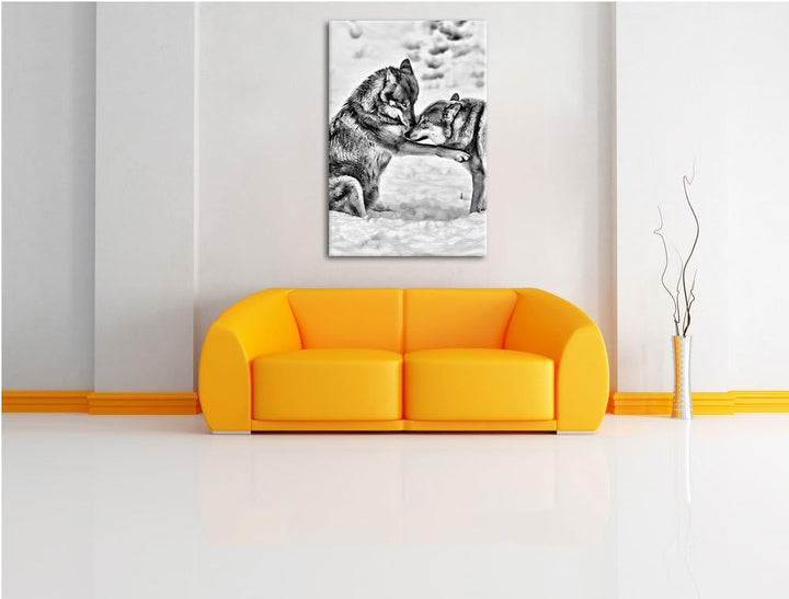 Pixxprint spielendes Wolfsrudel als Leinwandbild/Grösse: 100x70 / Wandbild/Kunstdruck/fertig bespann