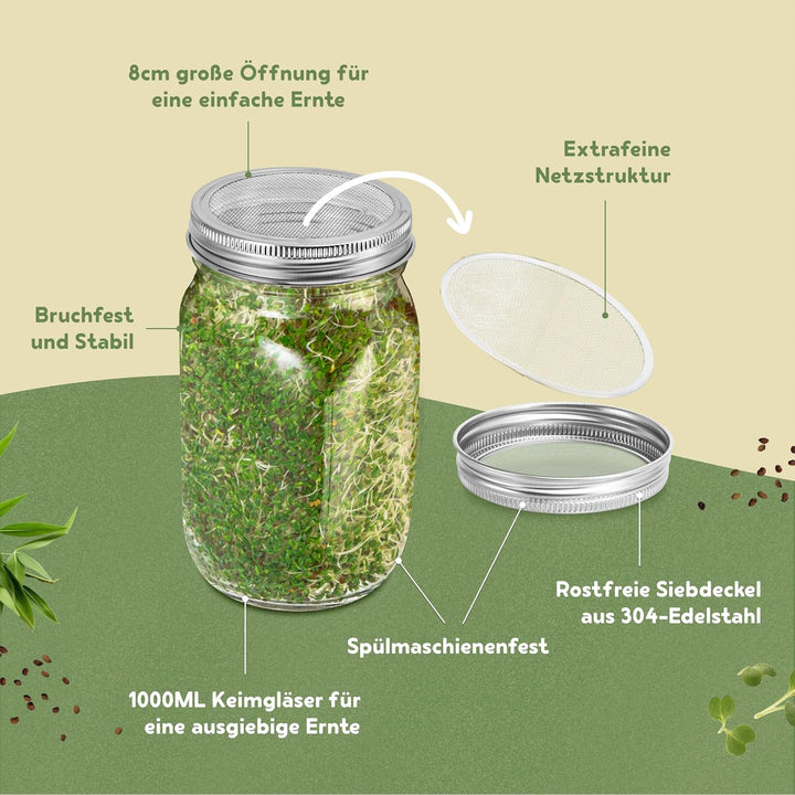 BEAR PAW® Sprossenglas 2er Set - 1000ml Keimglas für Sprossen Keimlinge - (inkl. Bambushalterung, Ab