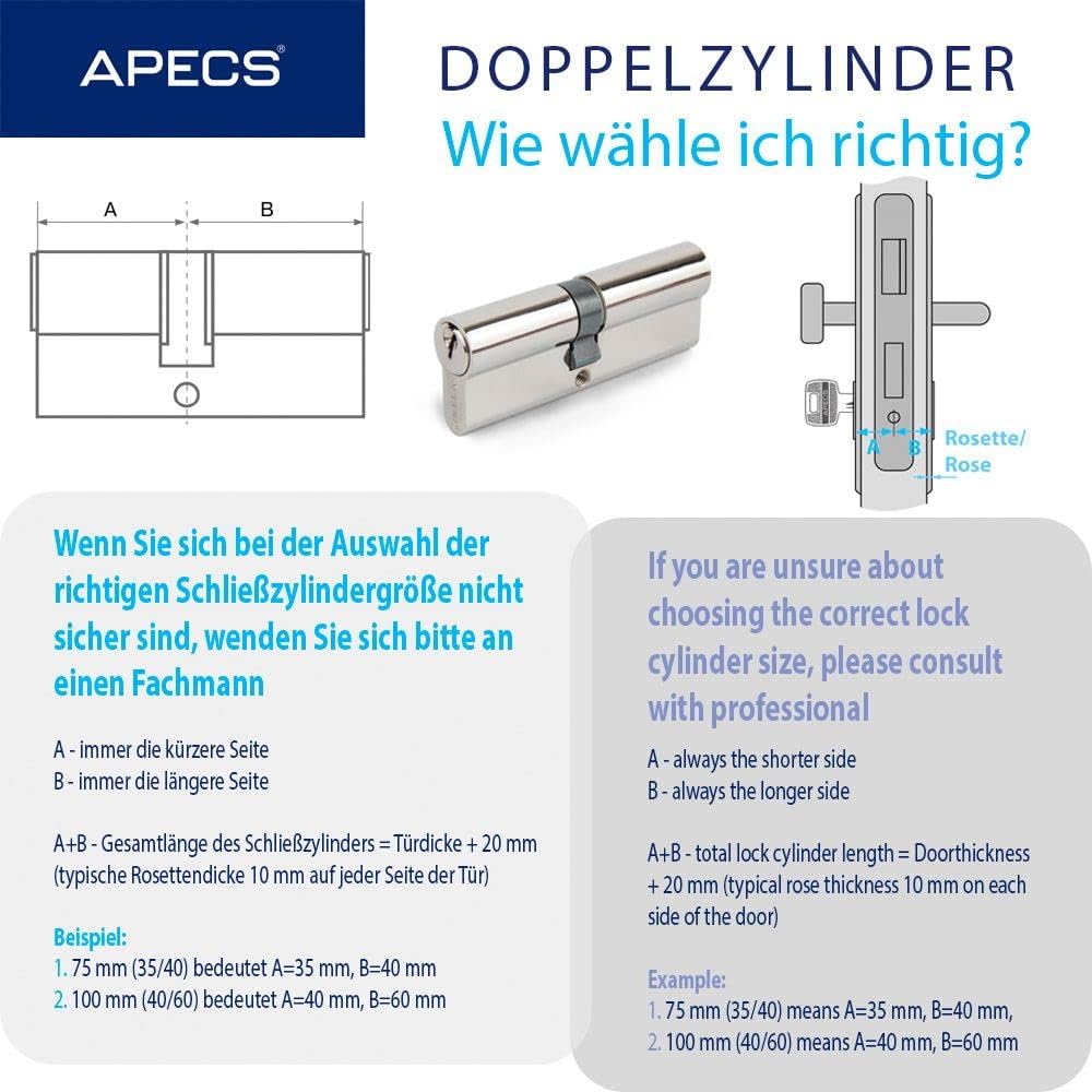 Schliesszylinder APECS Zylinderschloss Profilzylinder 40/60 mm fur Türschloss Haustür mit 3 Schlüsse
